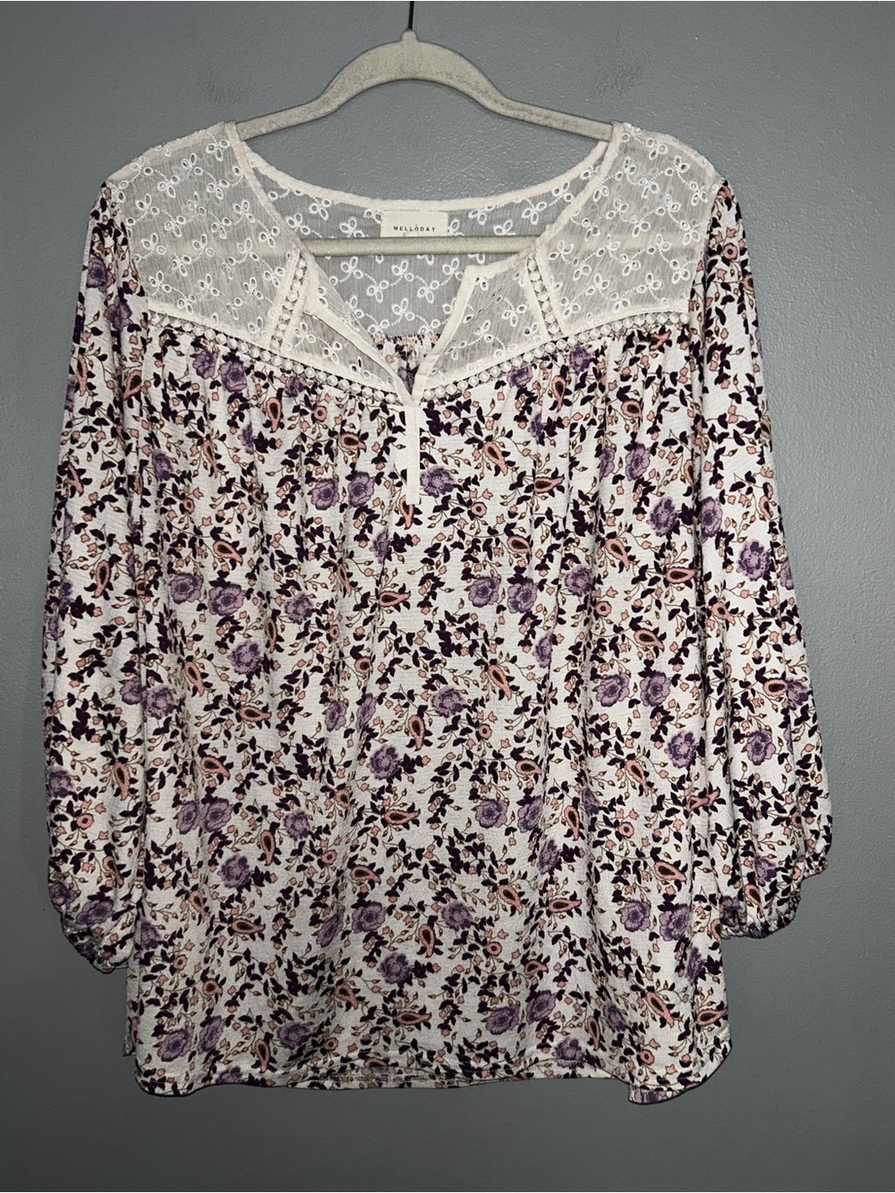 Melloday Boho Floral Peasant Blouse Ivory Purple Eyelet Lace Trim 3/4 Sleeve 2X